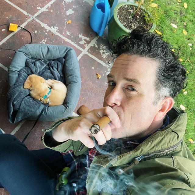 Puppy cigar time with Bennet. Ready for the long weekend.