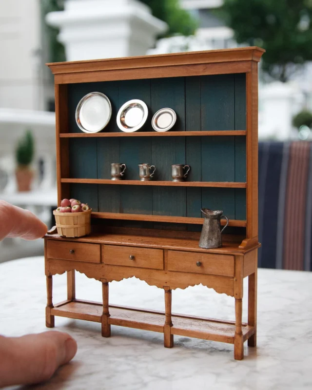 This is my new Cardiganshire Welsh Potboard Dresser that I made especially for the Kensington Dollshouse Festival in London. it’s made primarily of Swiss Pear, but includes some beautiful fine-grained reclaimed old-growth cedar from the Pacific Northwest as the secondary wood in the drawers.

#craiglabenzminiatures